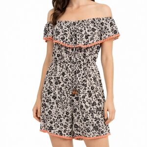 Rewind Black & Cream Strapless Floral Romper with Coral Trim
